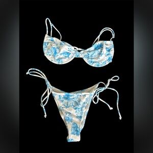White Fox Blue and White Toile Tie-Side Bikini